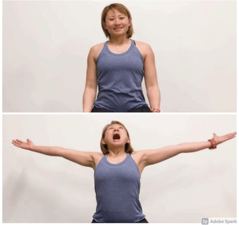Sit upright on the edge of your bed or in a sturdy chair. Reach arms overhead and create a big stretching yawn. Bring your arms down and finish by smiling for three seconds.